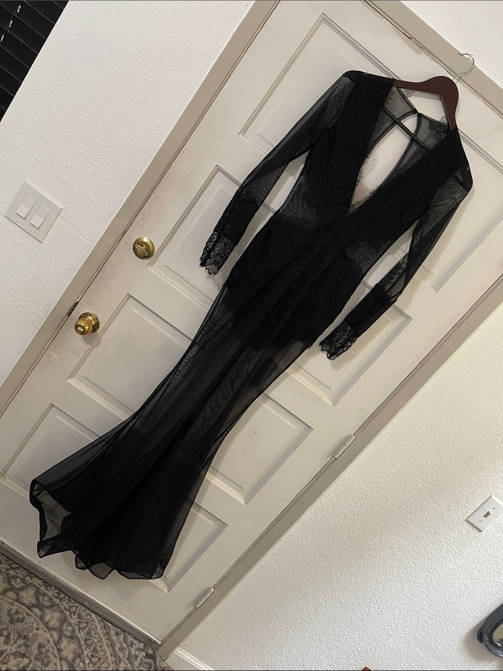 Michael Costello Black Sheer Long Sleeve Maxi Gown